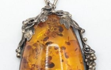 Large Vintage Sterling Amber Pendant & Chain
