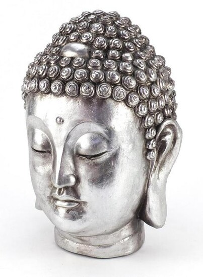 Large silvered Buddha's head, 34cm high