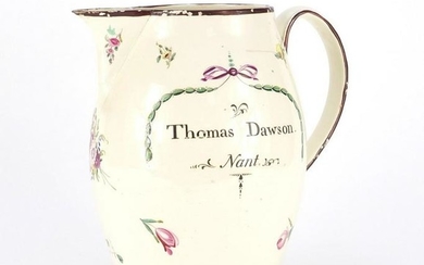 Late 18th century creamware ale jug, hand painted with