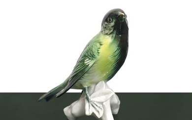 Little bird on a branch in shades of green, Rosenthal (1879)