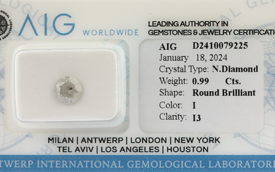 Loose brilliant , 0.99 ct Top Crystal(I)/p3,sealed, with AIG-expertise Valuation...