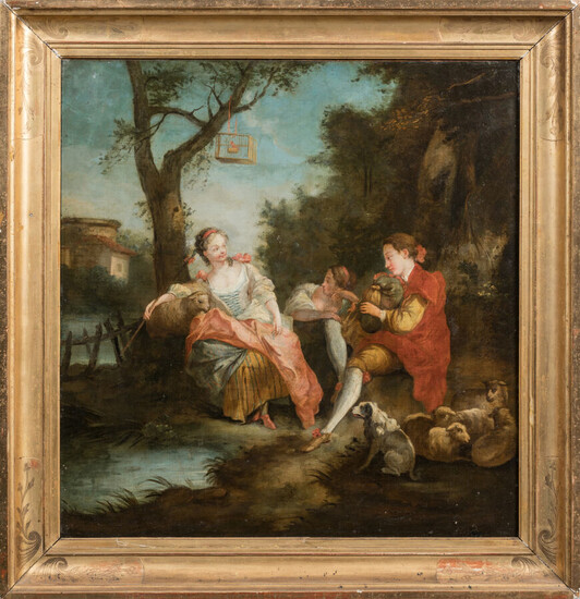 Lot 51 ECOLE FRANÇAISE du XVIIIème siècle, suiveur de François BOUCHER. Les amours pastorales Huile sur toile....