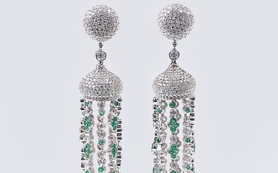 A Pair of Diamond Emerald Ear Chandeliers