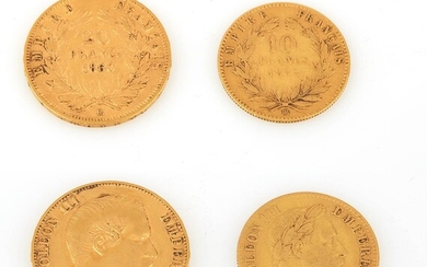 Lot de deux monnaies en or de Napoléon III : 20 Francs (tête nue) 1860...