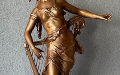 Louis (1855-1919) et François (1832-1927) Moreau - Impressive sculpture woman with harp titled "L 'Inspiration" - 71 cm - Spelter, Wood - about 1900