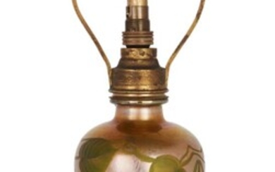 Louis Comfort Tiffany (1848-1933), 'Leaf and Vine' lamp base, circa 1910, Favrile glass, gilt metal, Underside engraved 'L.C.Tiffany-Favrile‚Äô, and '2343', 22cm high (27cm high including shade holder)