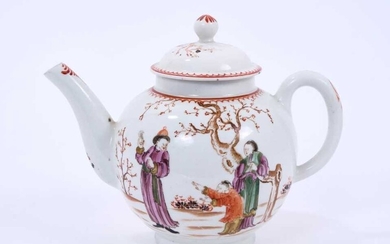 Lowestoft globular teapot and cover, painted in the Mandarin style with two figures and a man with a bird, red line and loop border, 14.7cm high including cover