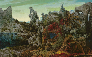 MAX ERNST (1891-1976) Paysage avec lac et chimères