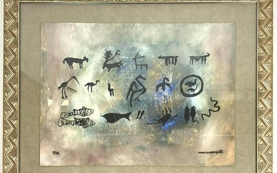 MOMPO Signed Pastel Painting with Calligraphic Figures