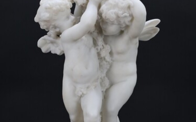 MOREAU A. Signé Paire de Cupidons avec coupe de fleurs" Sculpture en cararmarble sur piédestal...