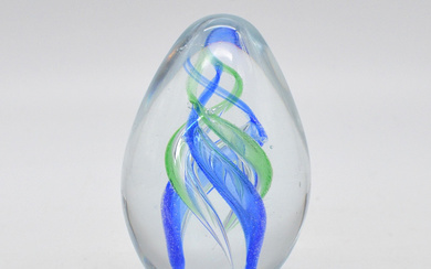 MURANO GLASS PAPERWEIGHT, “BLUE-GREEN SWIRL” VINTAGE, HANDMADE, CA. 5 X 7.5 X 5 CM.