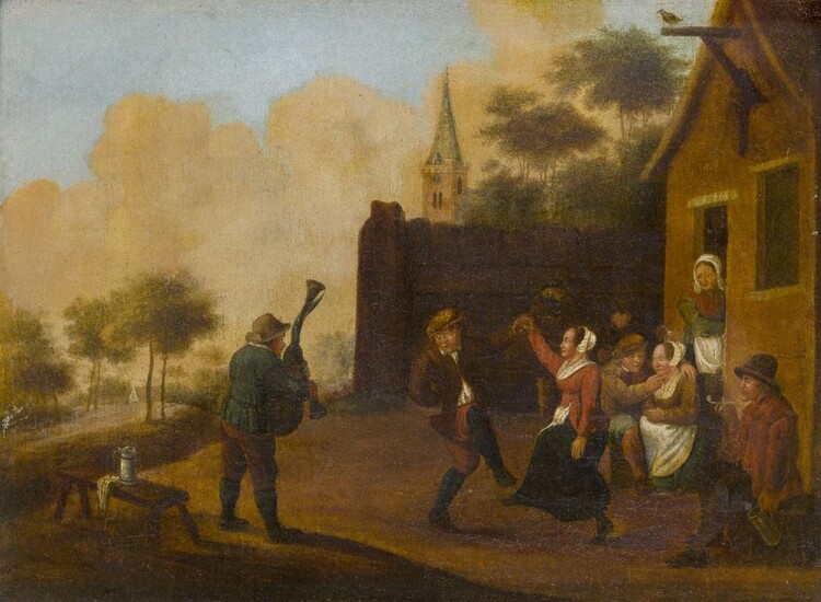 Manner of David Teniers the Younger, late 18th / early 19th century- Peasants merrymaking outside a tavern; oil on canvas laid down on plywood panel, 37.8 x 50.8 cm. Provenance: Private Collection, UK.