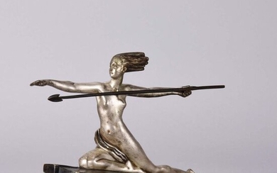 Marcel Bouraine (French, 1886 ~ 1948) Cold painted bronze of an Amazonian warrior holding a spear, signed Bouraine and with Etling Paris foundry mark. Circa 1930. Height 15 cm.