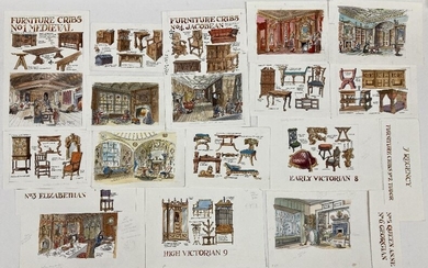 Matthew Rice, British b.1962- Furniture Cribs No Medieval; pen and black ink and watercolour, inscribed, 30x20.5cm: together with ten other drawings in pen and ink and watercolour of subjects relating to historic furniture, various sizes, all held...