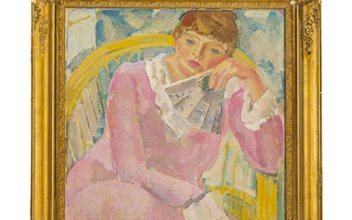 Maurice Barraud (1889-1954), "La femme en robe rose", huile sur toile, signée, datée 17 et titrée au verso, 75x64 cm