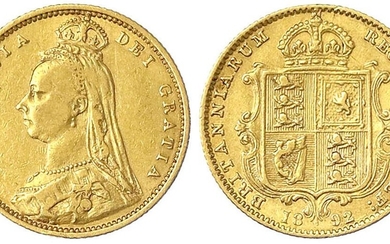 Monnaies et médailles d'or étrangères, Grande-Bretagne, Victoria, 1837-1901, 1/2 souverain 1892, armoiries. 3,99 g. 917/1000....