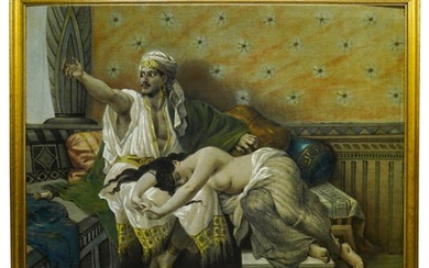 Monumental A. Cortez (European, Late 19th C.) "Thamar" Inspired Oil On Tapestry Painting