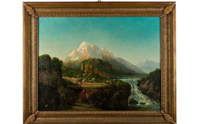 Mountain landscape with waterfall and family of shepherds