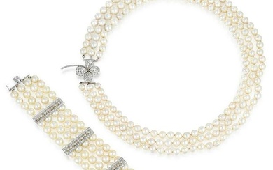 Multi-Row Pearl Bracelet and Multi-Strand Pearl Necklace