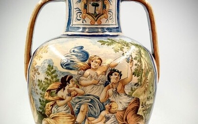NEVERS. Vase à anses de forme balustre en faïence polychrome. Décor en réserve de Vénus,...