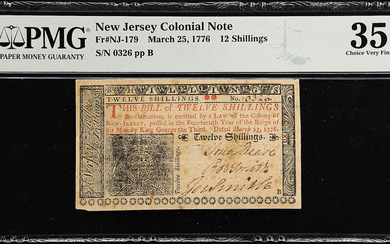 NJ-179. New Jersey. March 25, 1776. 12 Shillings. PMG Choice Very Fine 35 Net. Tape Repairs.
