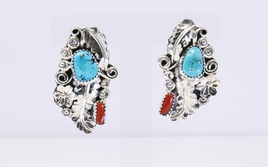 Native America Navajo Handmade Sterling Silver Coral / Turquoise Post Earring's By HBY.