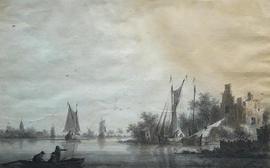 Nicolaas Wicart (1748-1815), Fishermen on a river near a ruin,...