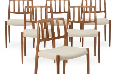 Niels O. Møller: A set of six teak chairs. Seat upholstered with light coloured wool. Model 83. Manufactued and marked by J.L. Møller. (6)