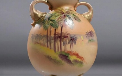 Nippon Hand Painted Tropical Scene Footed Vase, Handles