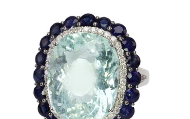 No Reserve Price - Ring - 14 kt. White gold, IGI Certified 8.89ct Aquamarine 2.75ct Blue Sapphire & 0.42ct Diamond Aquamarine - Diamond