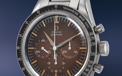 Omega, Ref. 2998-1 An incredibly rare, early and very well-preserved stainless steel chronograph wristwatch with chestnut colored "tropical" dial and bracelet