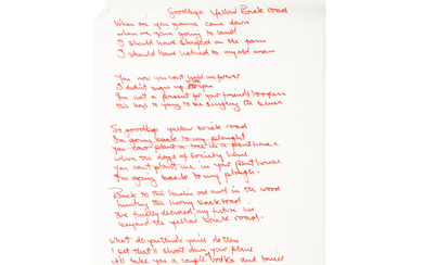 Original handwritten lyrics for Elton John's "Goodbye, Yellow Brick Road"