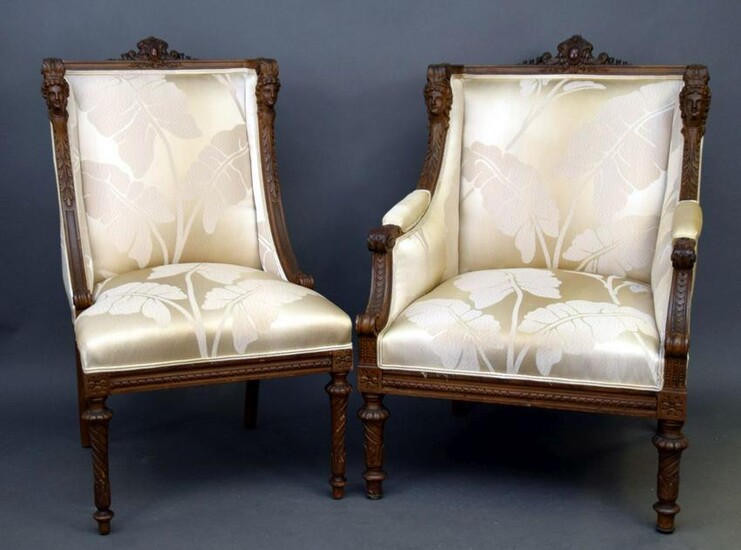 PAIR CARVED 19TH C. & UPHOLSTERED HIS/HER CHAIRS, HIS