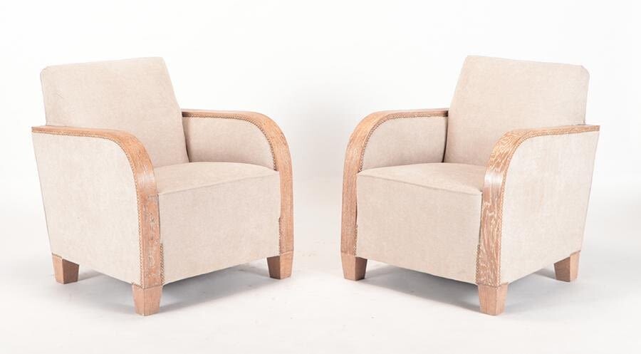PAIR CERUSED OAK UPHOLSTERED CLUB CHAIRS C. 1940