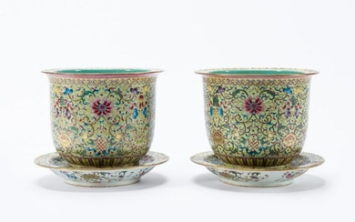 PAIR, CHINESE FAMILLE ROSE PLANTERS & UNDERPLATES