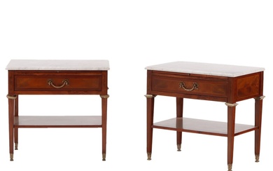 PAIR MAHOGANY MARBLE TOP TABLES WITH A SINGLE DRAWER AND...