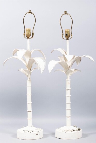 PAIR OF CREAM-PAINTED METAL PALM TREE TABLE LAMPS