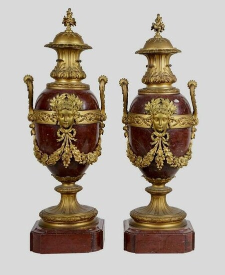 PAIR OF DORE BRONZE & ROUGES MARBLE URNS