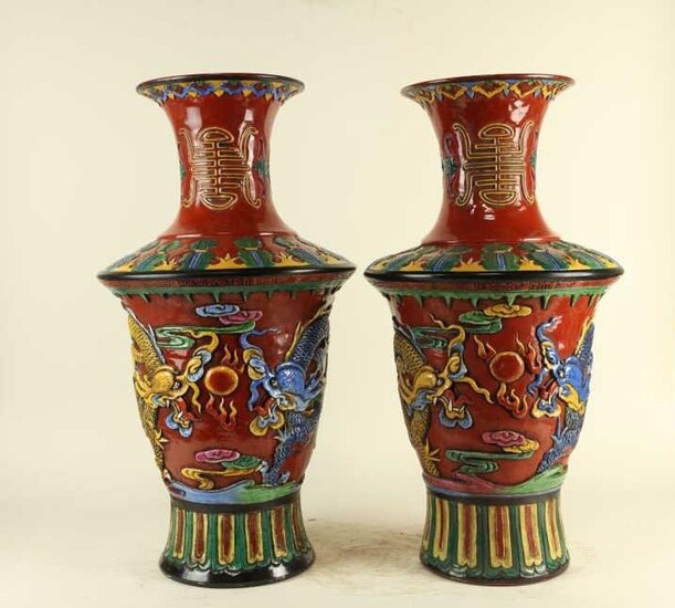 PAIR OF RED CHINESE DRAGON VASES