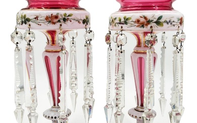 PAIR OF RUBY BOHEMIAN GLASS LUSTRES Pair of red...
