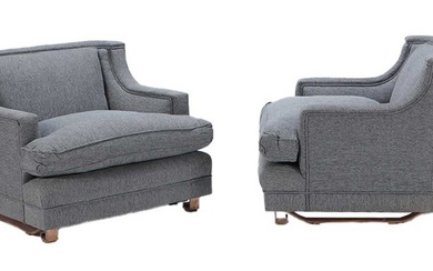 PAIR UPHOLSTERED CLUB CHAIRS RESTING ON SHAPED BRONZE BASE C...