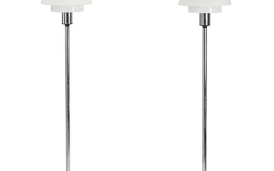“PH 80”. A pair of floor lamps with white acrylic shades, chromium-plated...