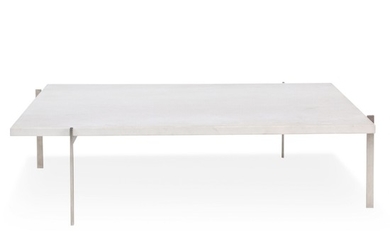 “PK-61A”. Square coffee table with steel frame, white marble top. Manufactured and marked by Fritz Hansen. H. 33 cm. L./W. 120 cm.