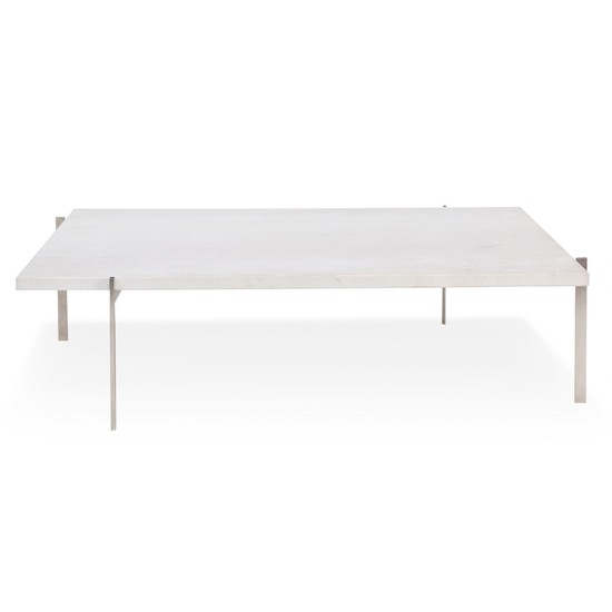 “PK-61A”. Square coffee table with steel frame, white marble top. Manufactured and marked by Fritz Hansen. H. 33 cm. L./W. 120 cm.