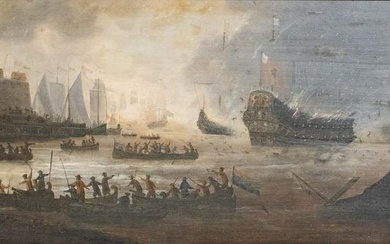 Painting of a Maritime Battle Scene on Wood Panel, Unsigned