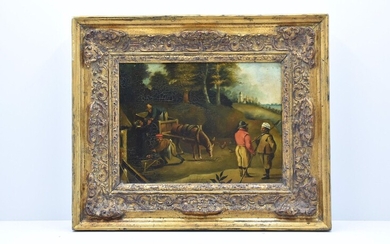 Painting oil on oak panel Flemish school 19th century "travellers" after the 17th century dim....