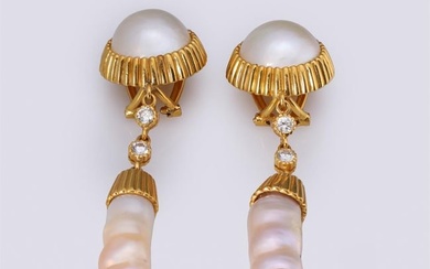 Pair 18K Yellow Gold Mabe & Baroque Pearl Earrings