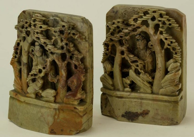 Pair Chinese Carved Soapstone Bonsai Bookends