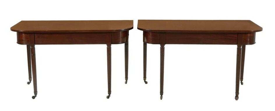 Pair Regency mahogany D-shape console tables (2pcs)