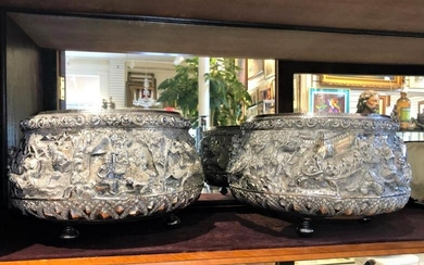 Pair Silver (950) Burmese/Thai Heavy Center Bowls